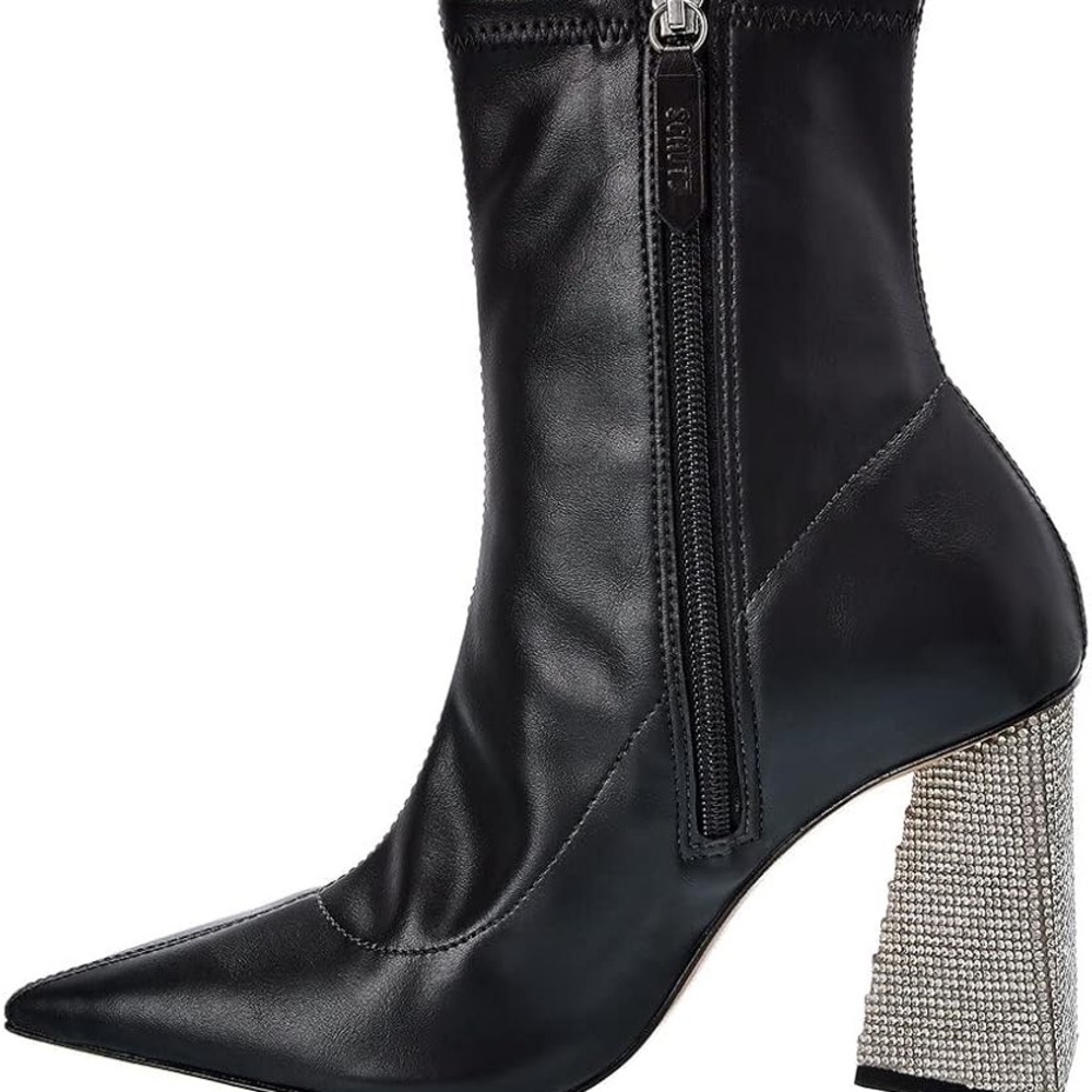 SCHUTZ Black Leather Heeled Boots with Glittering Silver Heel